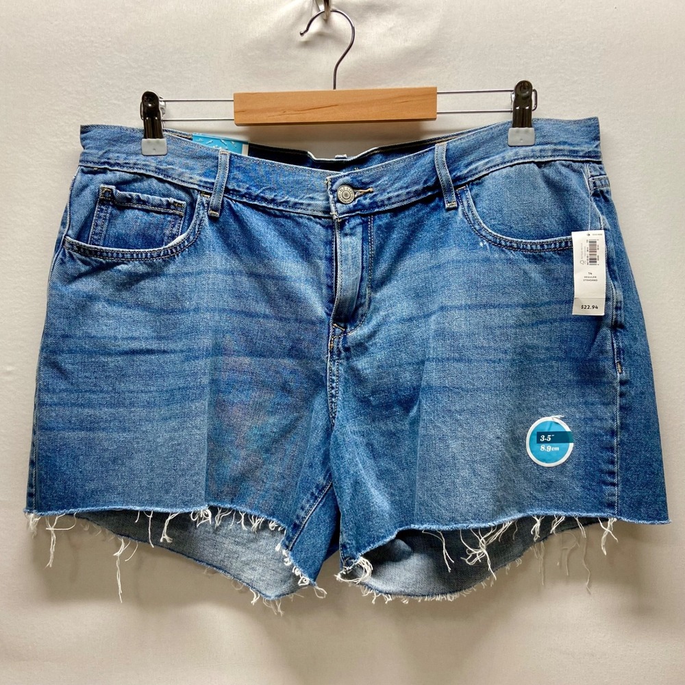 Old Navy Jean Shorts Women's 14 Blue Distress Low Rise Raw Hem Stretch Denim NWT
